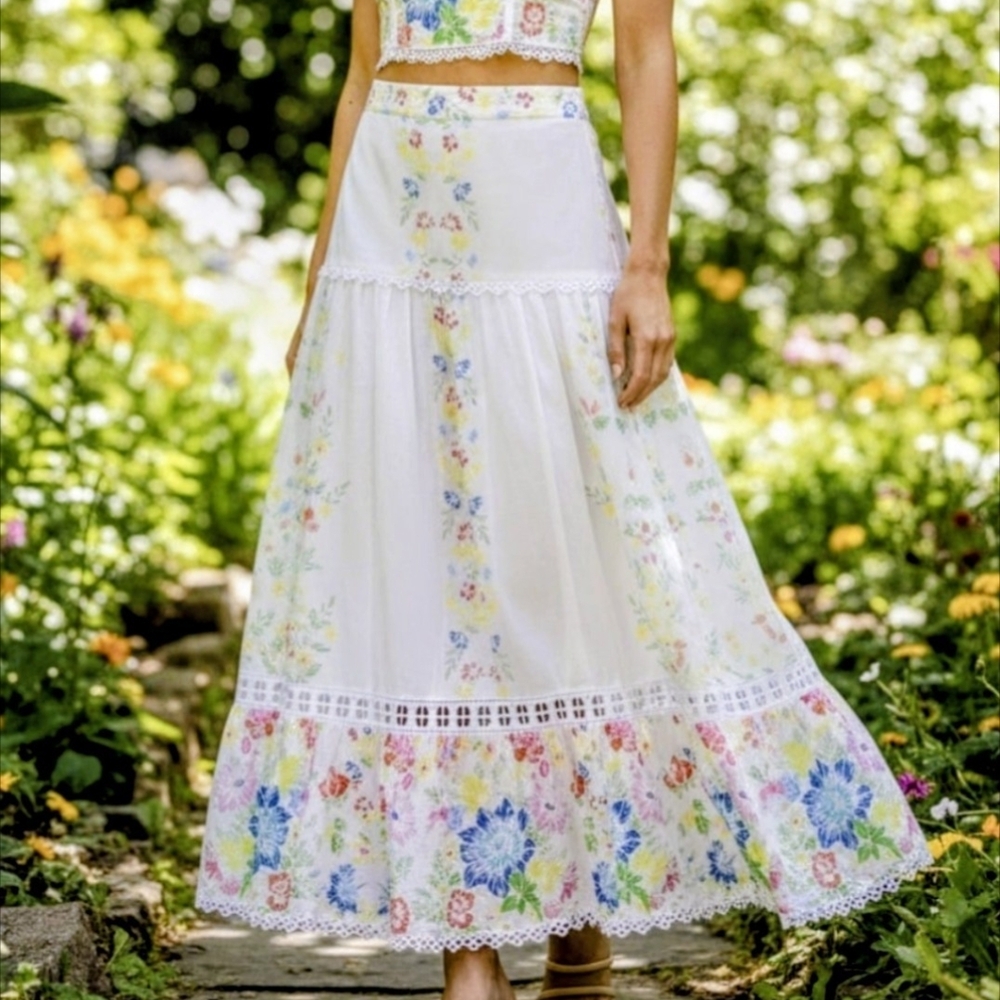 Charo Ruiz White Floral Garden Multi Colored Maxi/Midi Skirt, Cotton, NWT size M - Picture 13 of 15